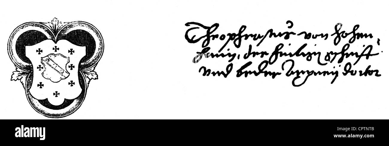 Paracelsus, Philippus, (Theophrastus Bombastus of Hohenheim), 1493 - 24.1.1541, German medical doctor, coat of arms and signature on letter to the municipal authorities of Memmingen, Germany, 1534, Stock Photo