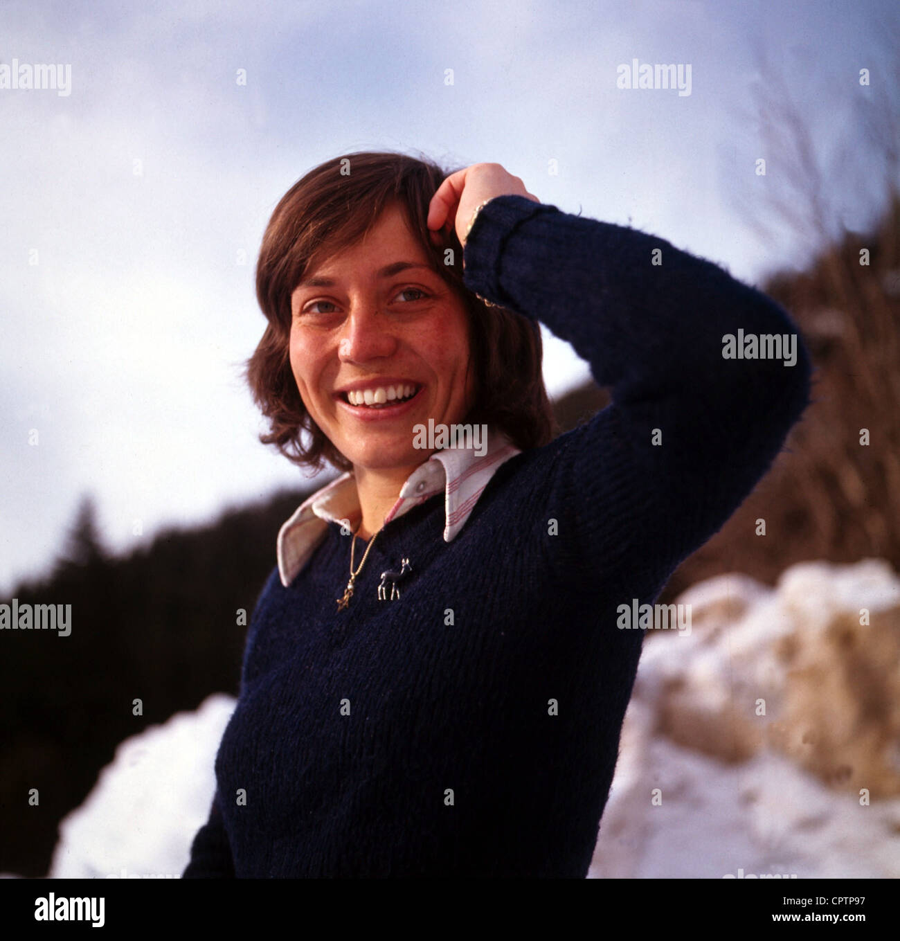 Mittermaier, Rosi, * 5.8.1950, German alpine ski racer, half length, 1974, Stock Photo