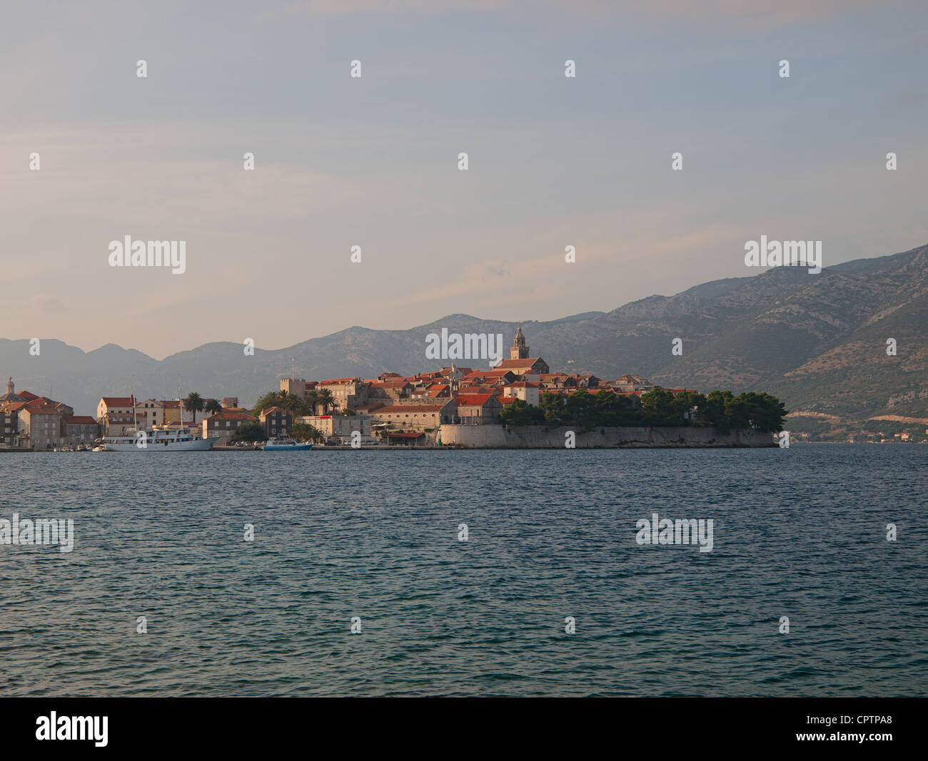 View from above to the ancient Korcula town in Croatia, Stock Photo