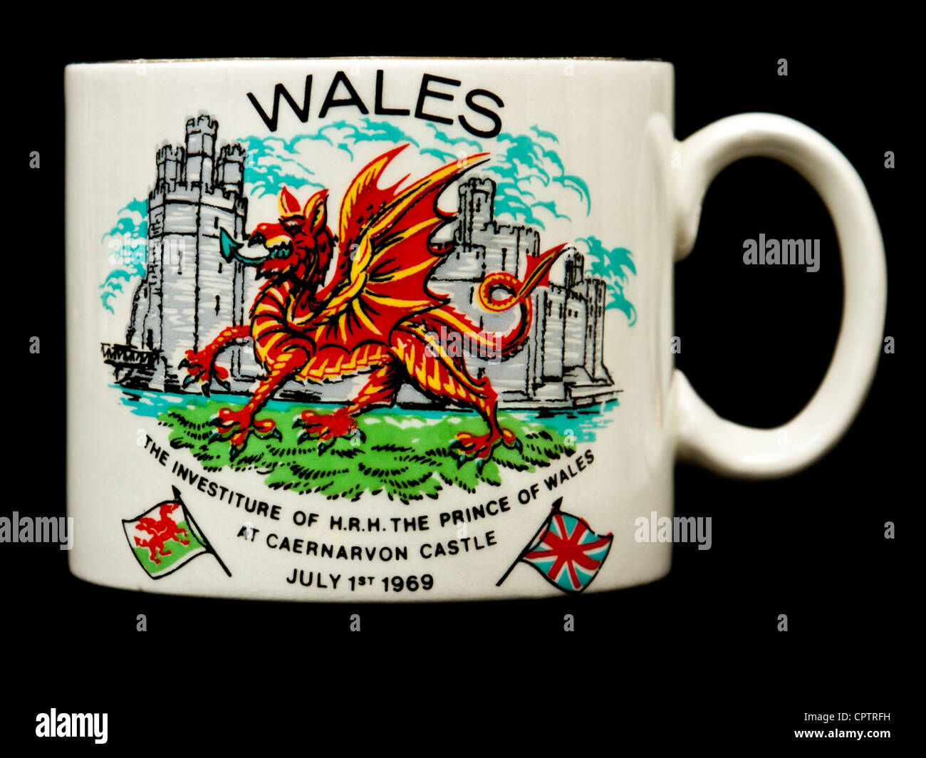 Souvenir cup celebrating the Investiture of H.R.H. the Prince of Wales at Caernarvon Castle on 1st July 1969 Stock Photo