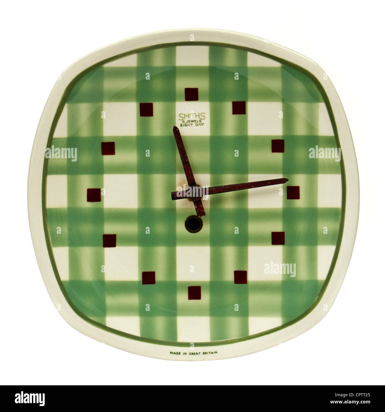 Vintage 1940's 'Gingham' pattern ceramic wall clock by T.G. Green & Co. Ltd with Smiths 8-day mechanical wind-up movement Stock Photo