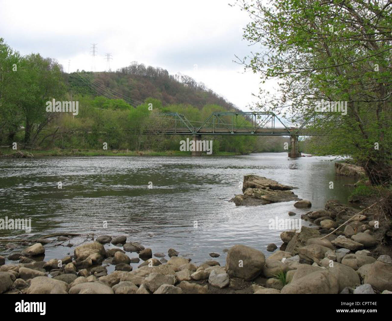 Iron truss bridge over Watauga River in Elizabethton, Tennessee on Old