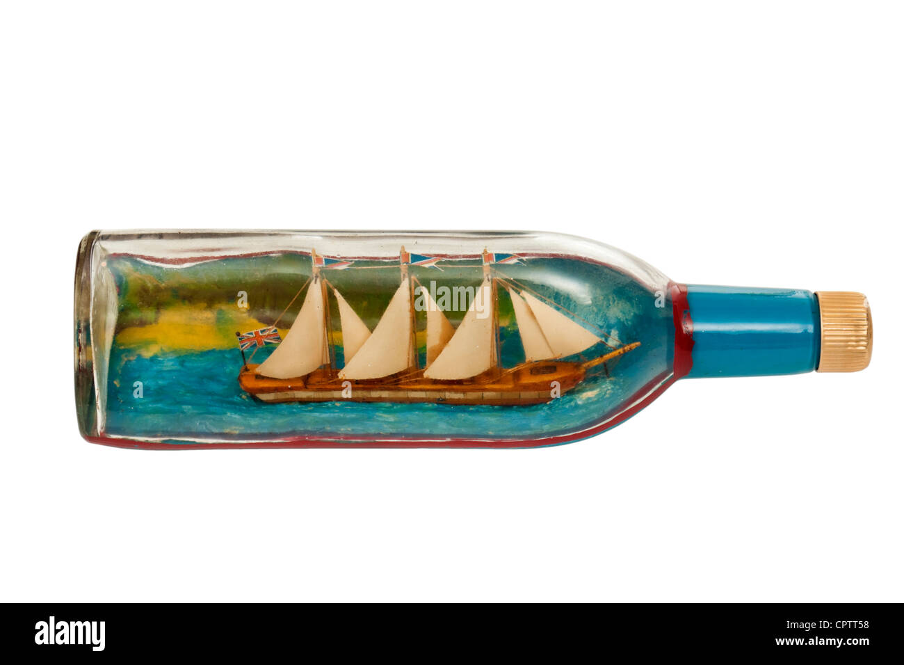 Vintage wooden sailing ship inside bottle Stock Photo