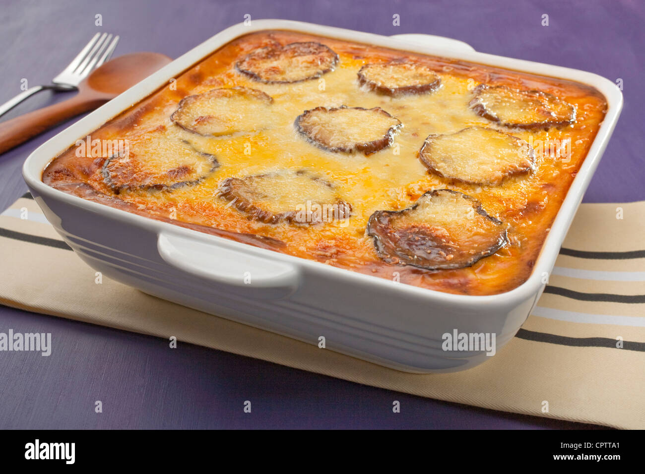 Favourite Greek dish, Moussaka, layers of eggplant and lamb topped with