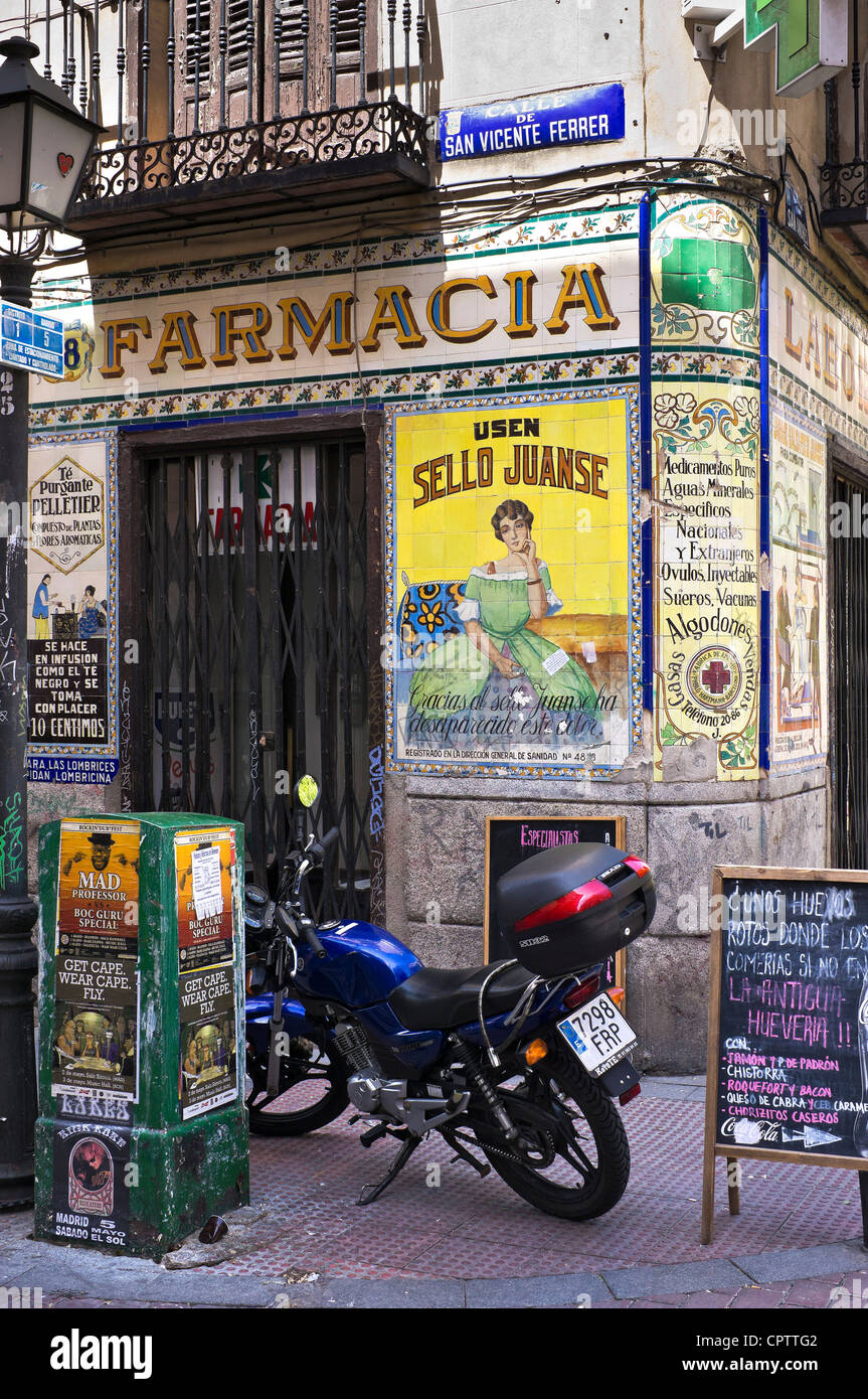 Old tiled advertising on a chemist shop in the Malasana disrict, central Madrid, Spain Stock Photo