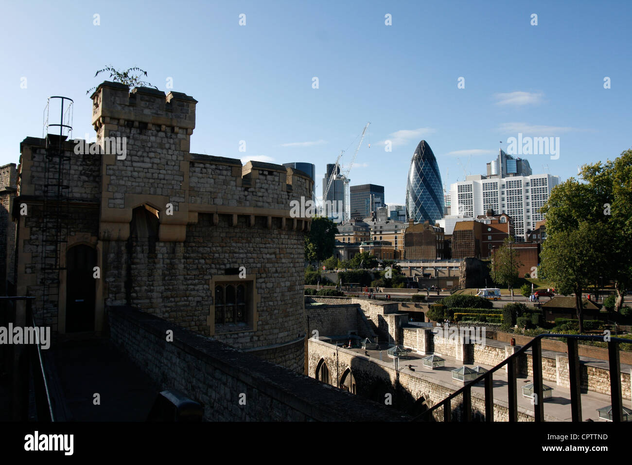 the Gherkin building, 30 St mary Axe, viewed from the Tower of London Stock Photo