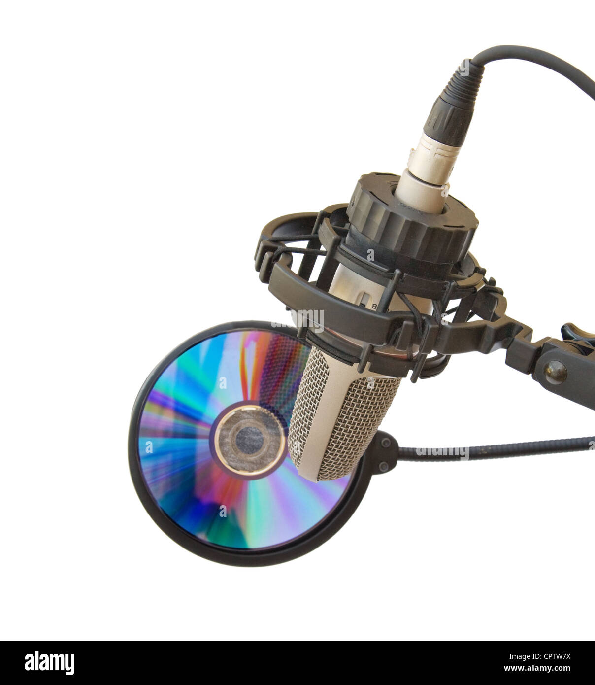 Recording music - with studio microphone and colourful CD. Isolated over white background. Stock Photo