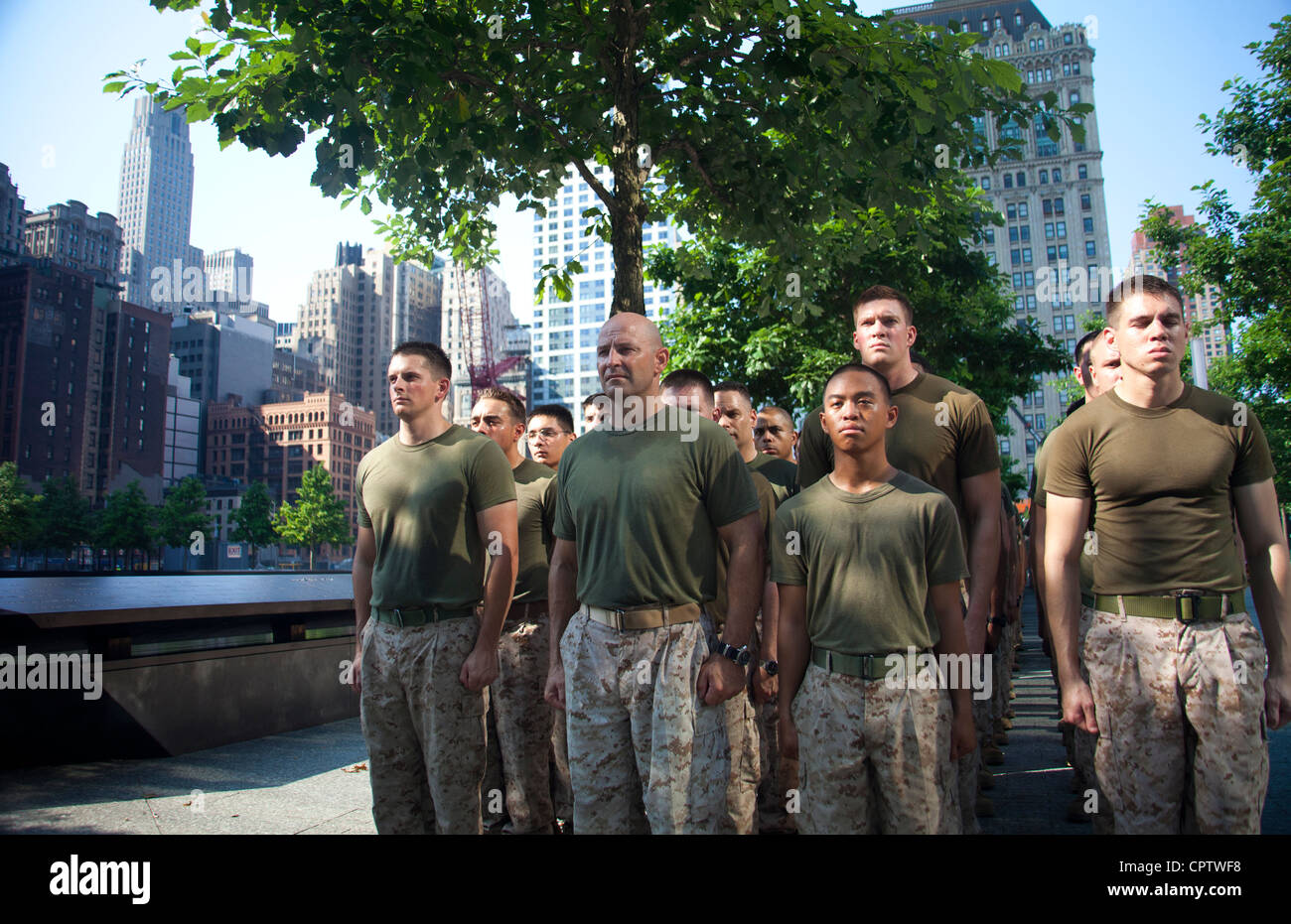 - In honor of the innocent lives lost on 9/11, Marines of the Special Marine Air Ground Task Force New York remember during a visit to the 9/11 Memorial, concluding their motivational run through the city, May 29. The run is a culminating event for the Ma Stock Photo