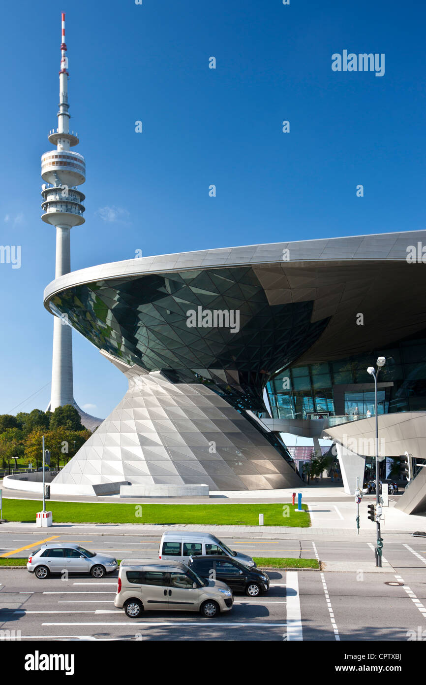 Modern architecture at the BMW Showroom, Customer Collection, Factory and Headquarters in Munich, Bavaria, Germany Stock Photo