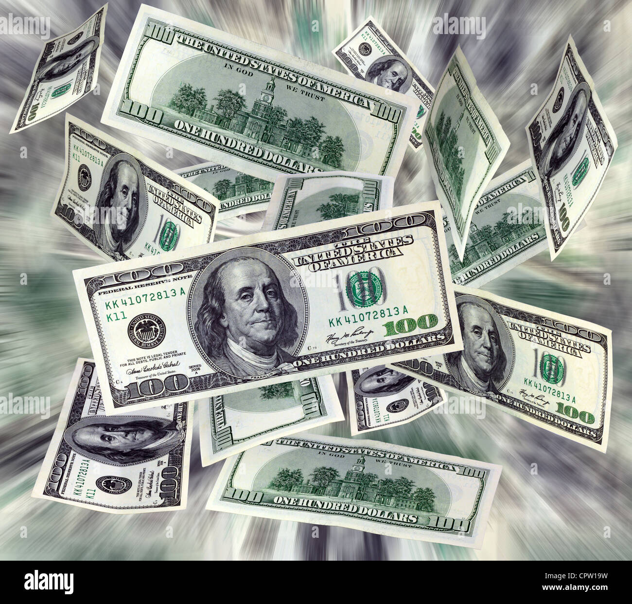 A lot of money 100 dollars bills flying concept Stock Photo