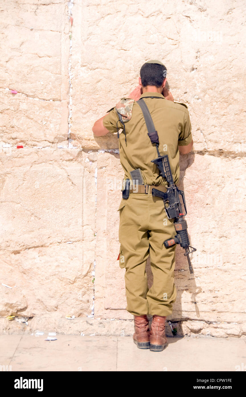 Israel military army man praying The Western Wailing Wall Jerusalem Palestine Israel Stock Photo