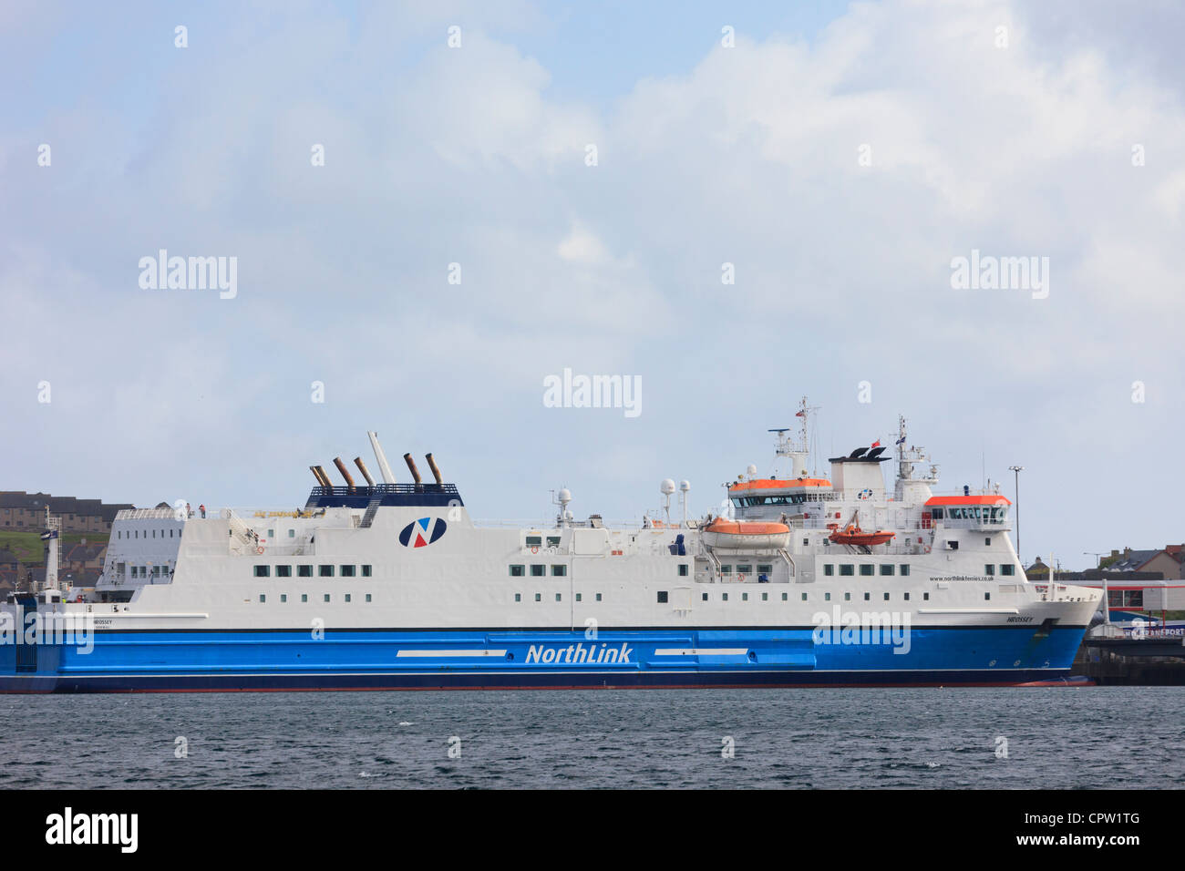 Lerwick, Shetland Islands, Scotland, UK, Britain. Northlink passenger car ferry Hrossey docked in port Stock Photo
