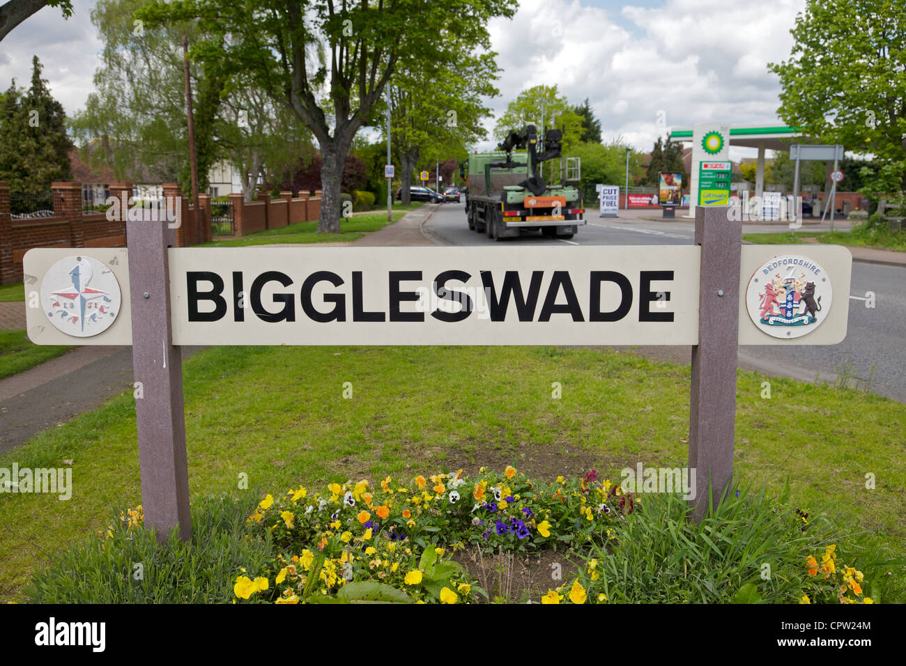 Biggleswade town sign, Bedfordshire, England Stock Photo Alamy