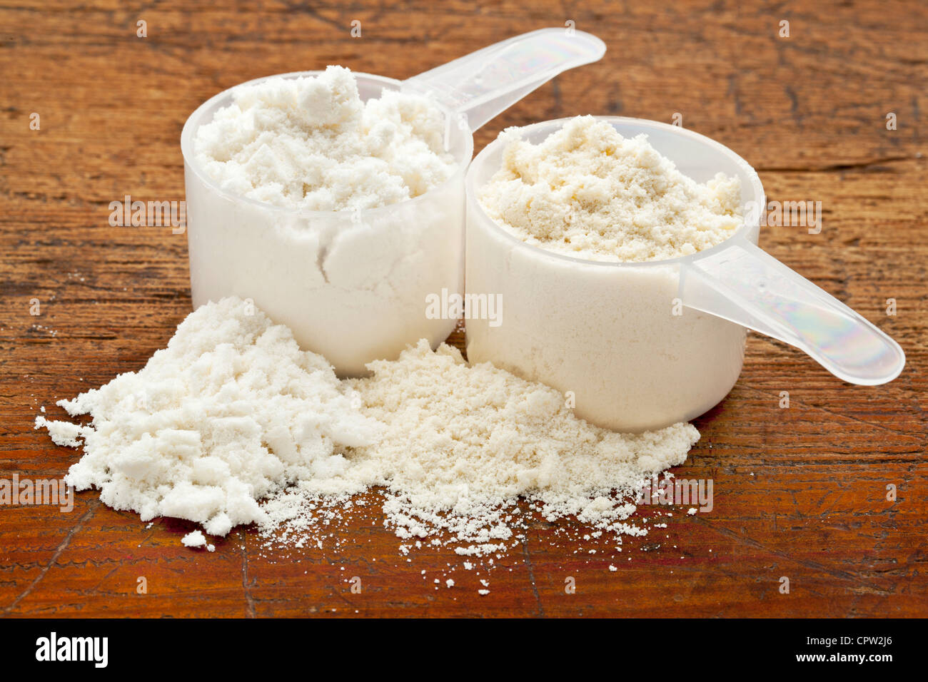 two measuring scoops of whey protein powder - isolate (white) and concentrate (creamy) Stock Photo