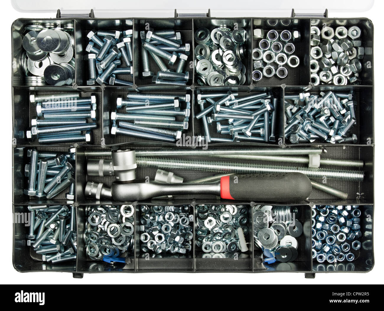 Plastic handyman's toolbox with screws, bolts and some tools Stock