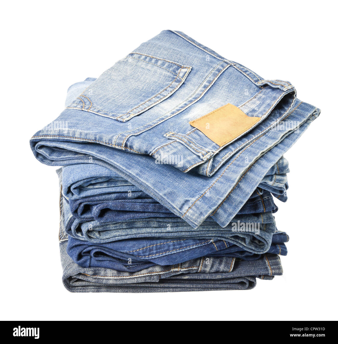 Jeans trousers stack on white background Stock Photo Alamy