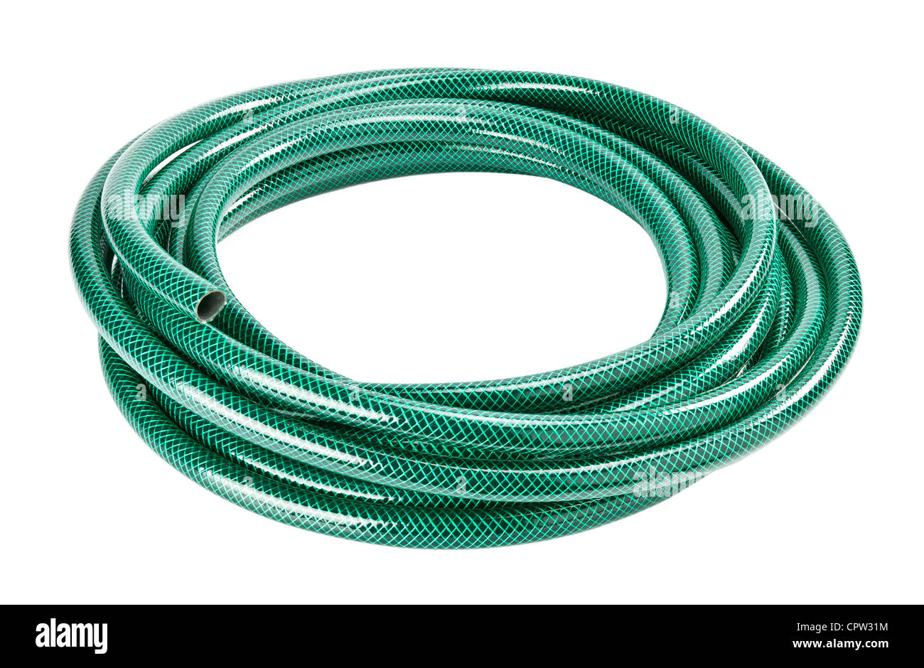 Green coiled rubber hose isolated on white Stock Photo