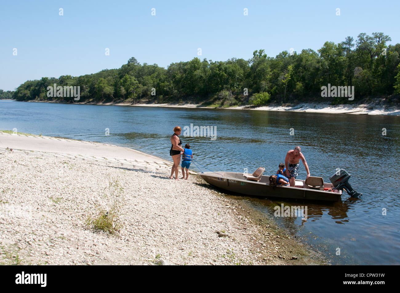 Family boating on the Suwannee River at Branford northern Florida USA Stock Photo