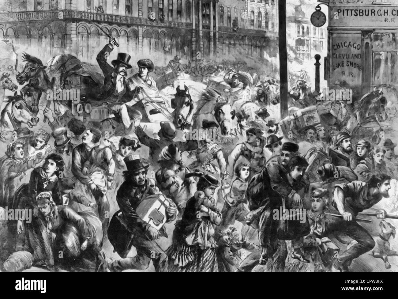 The great fire in Chicago - panic stricken citizens rushing past the Sherman House, 1871 Stock Photo