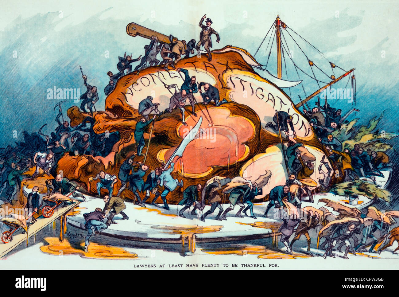 Political Cartoon from 1919 showing lawyers carving a large turkey labeled Income Tax Legislation Stock Photo