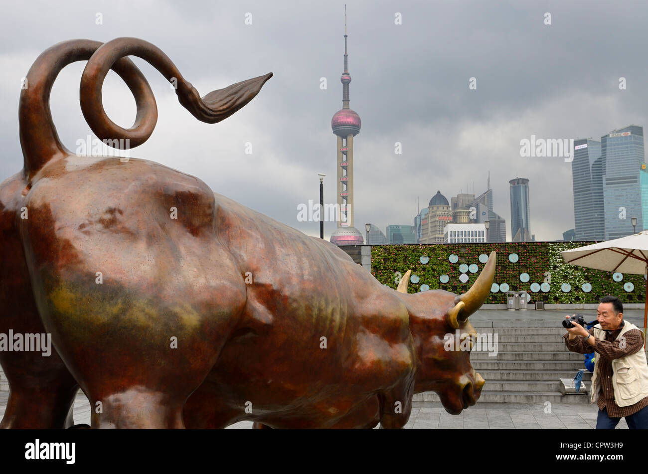 Tourist taking picture of the Bund bull with Shanghai skyline financial towers Peoples Republic of China Stock Photo