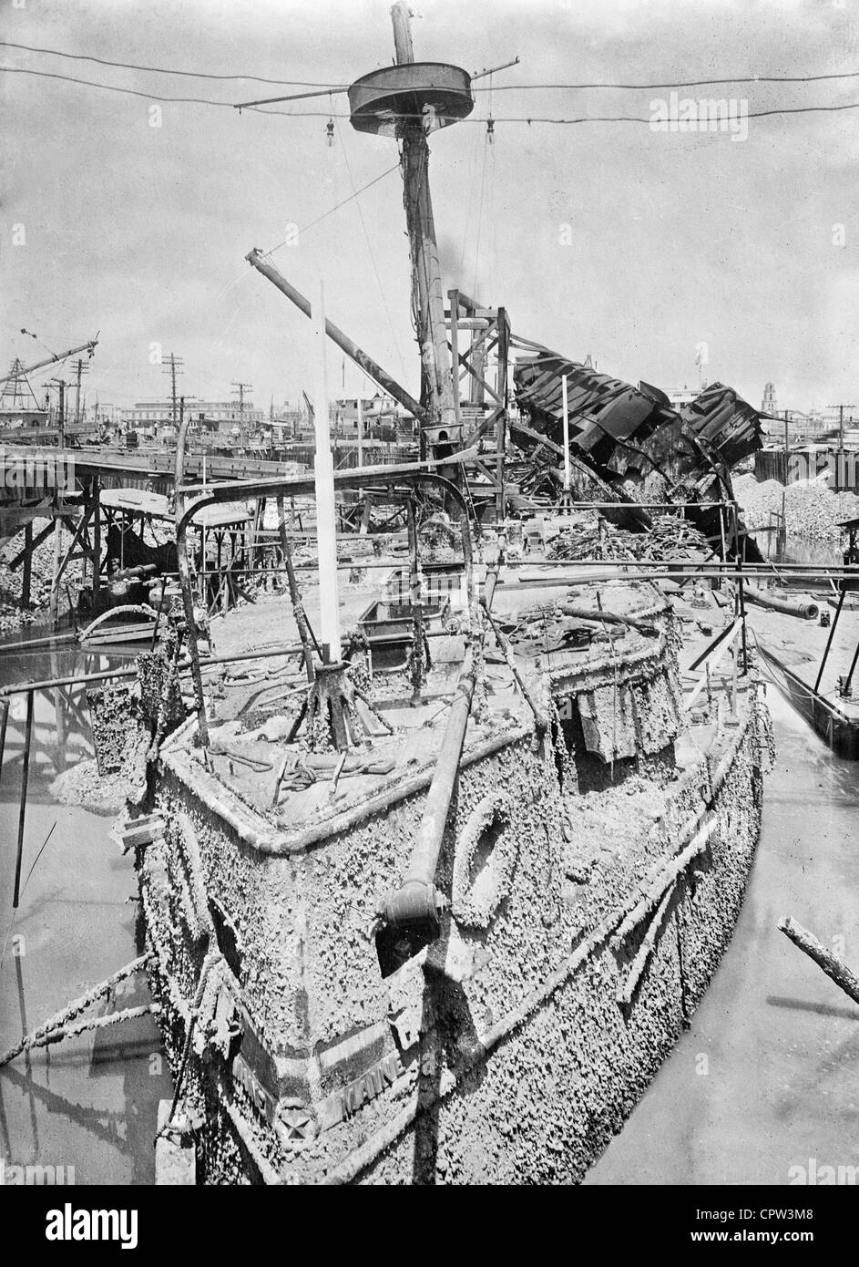 The remains of the USS Maine after being raised from Havanna Harbor, Cuba, circa 1912.  She was resunk at sea after sailors remains recovered Stock Photo