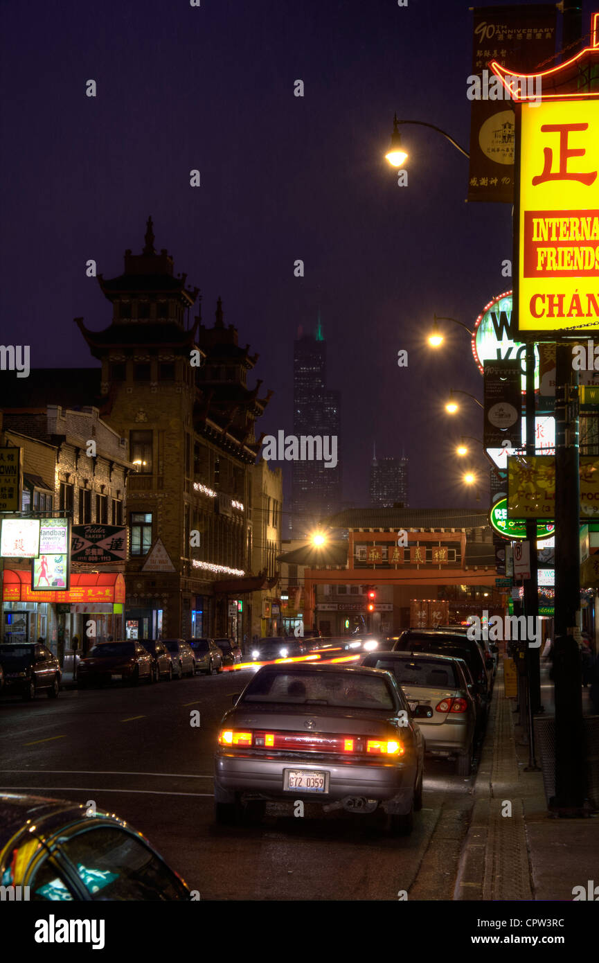 Chicago's Chinatown on South Wentworth Avenue as sleet starts to fall on an early December evening. Stock Photo