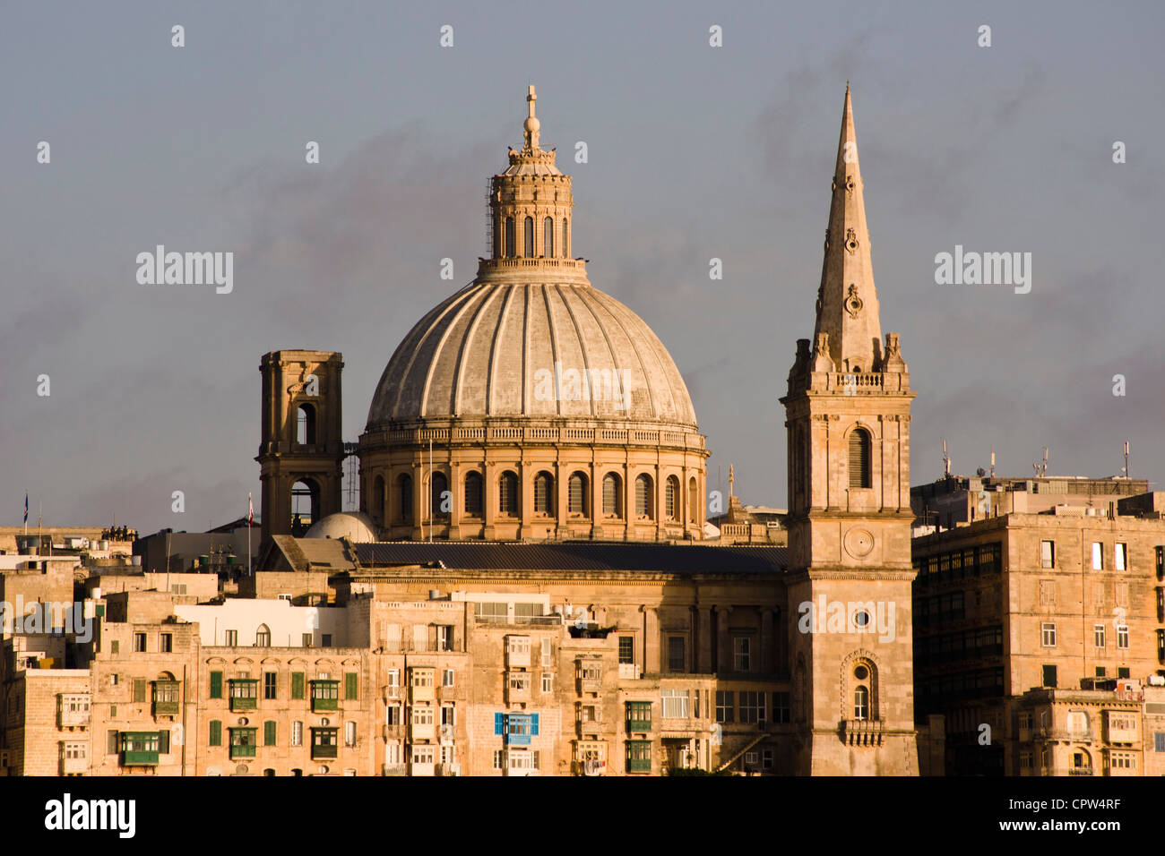 Malta. Valletta skyline with the dome of the Carmelite Church and the tower of St Paul`s Pro-Cathedral. Stock Photo