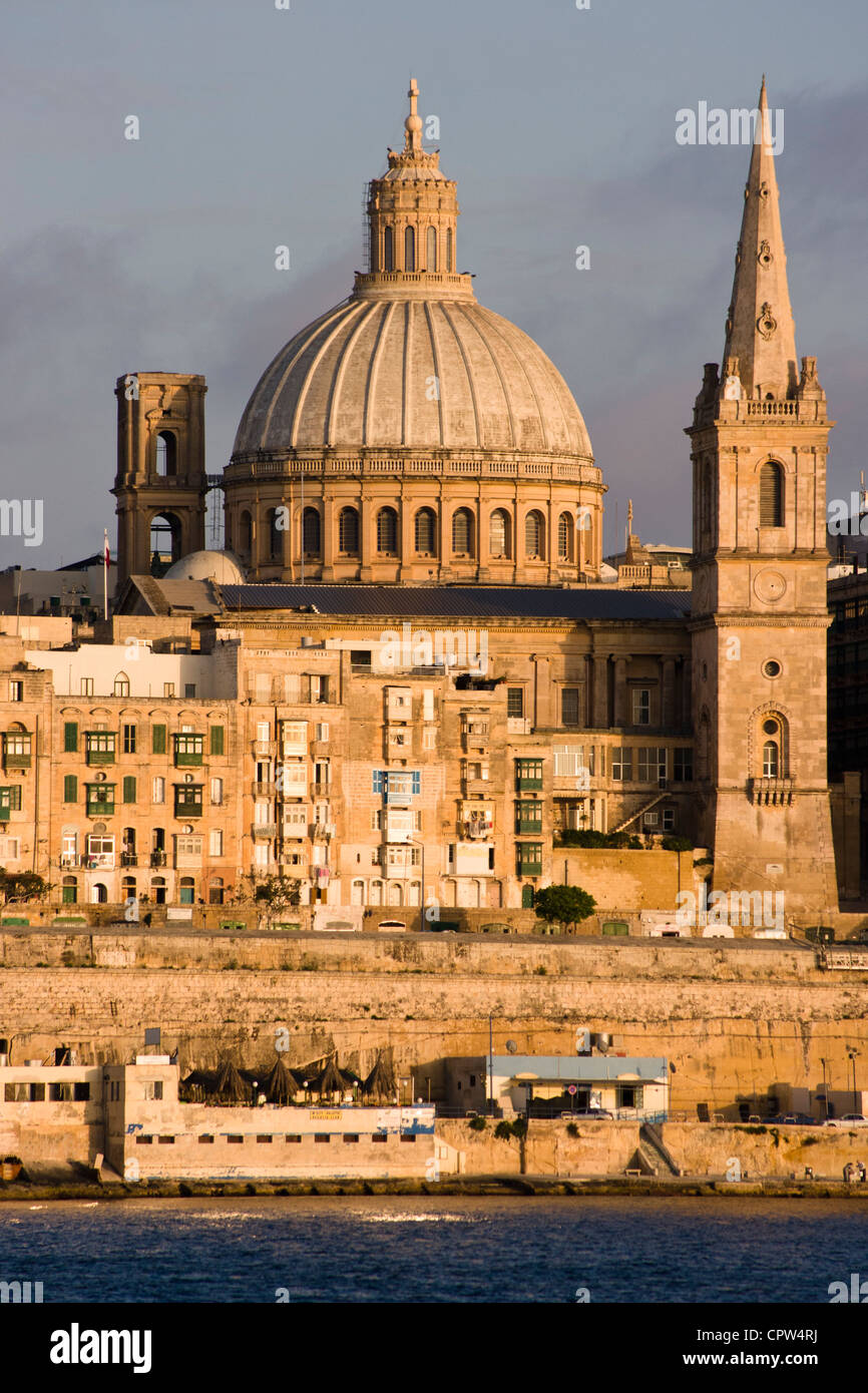 Malta. Valletta skyline with the dome of the Carmelite Church and the tower of St Paul`s Pro-Cathedral. Stock Photo