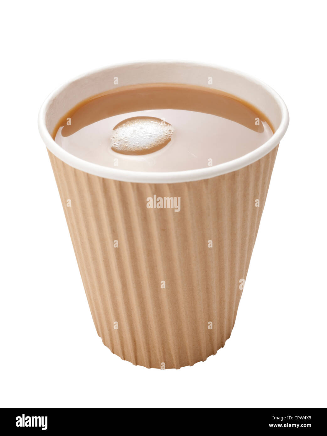 Takeaway coffee with milk and bubbles in a disposable cup, isolated on white, clipping path included. Stock Photo