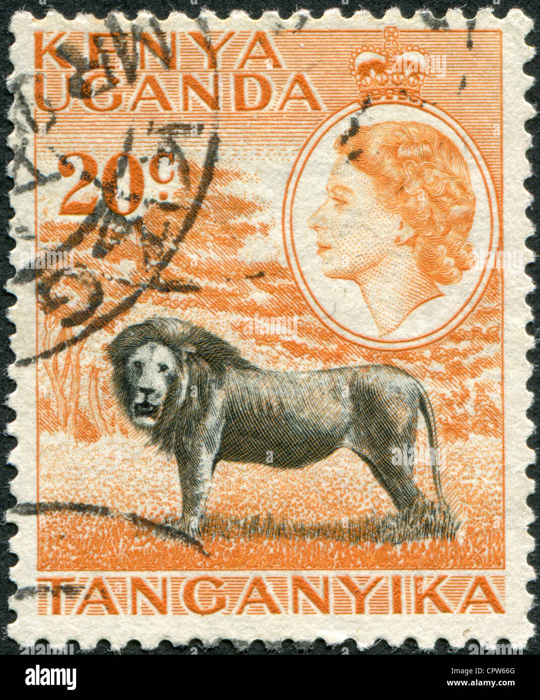 KENYA, UGANDA - CIRCA 1954: A stamp printed in Kenya, Uganda, shows a lion and a portrait of Queen Elizabeth II, circa 1954 Stock Photo