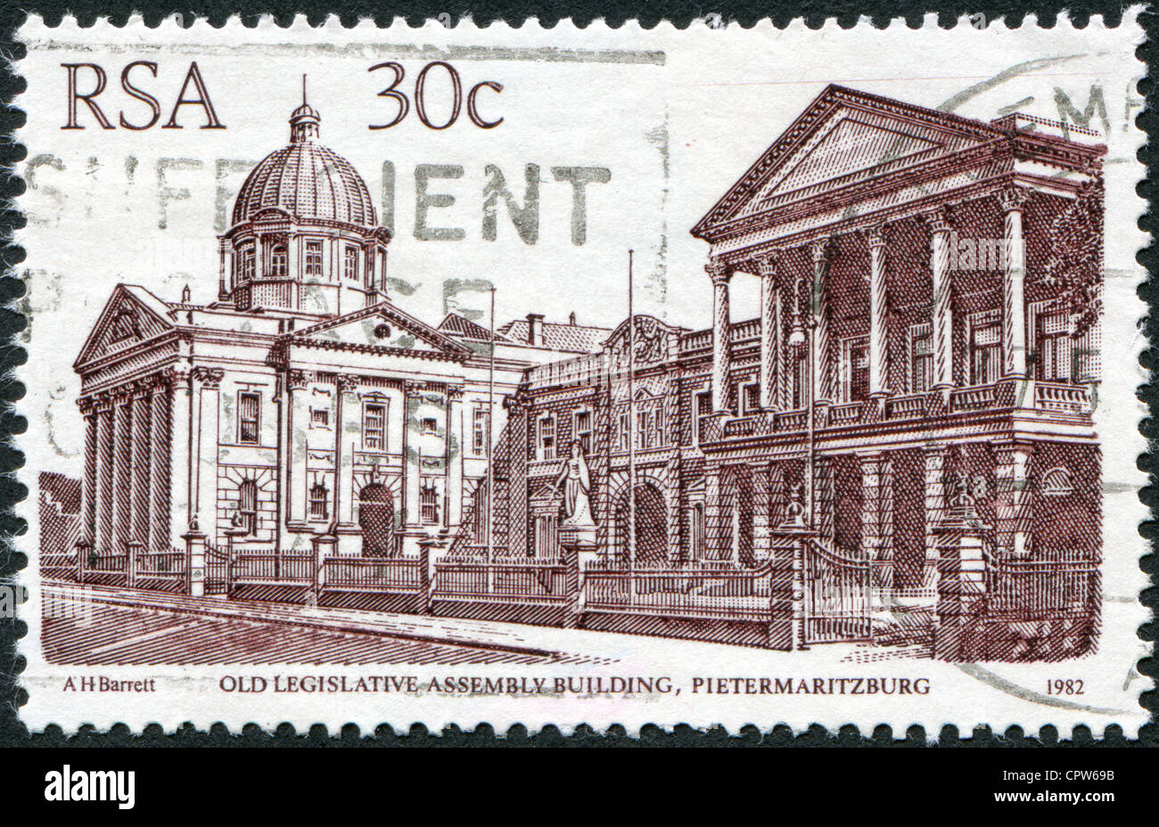 A stamp printed in South Africa (RSA), shows the building of KwaZulu