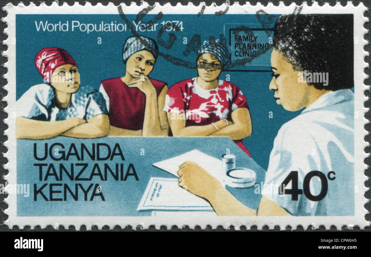 A stamp printed in East African Community, is dedicated to World Population Year, is shown Advice on family planning, circa 1974 Stock Photo