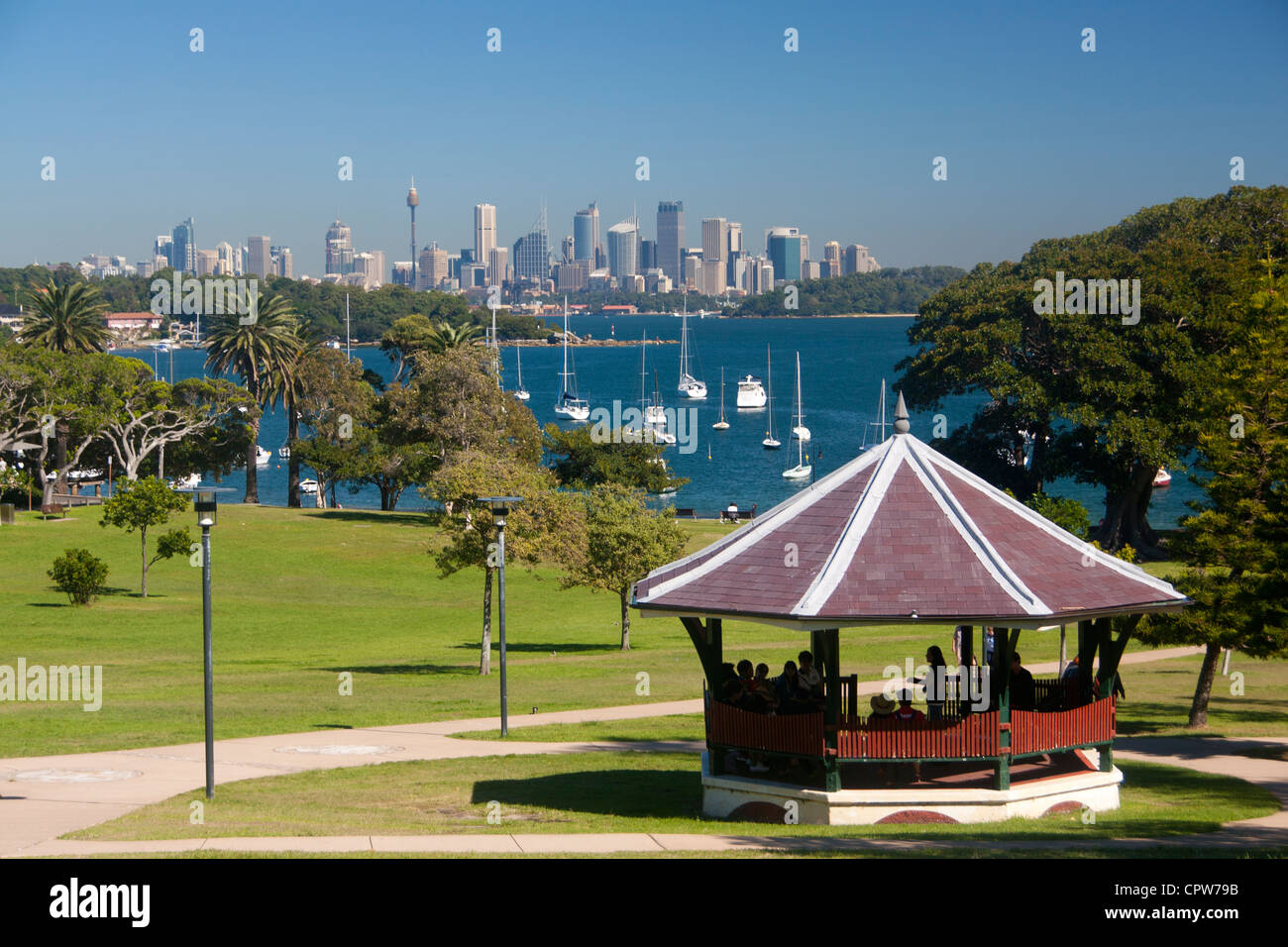 Watsons Bay View over park to bay and Harbour to Central Business District (CBD) skyline Sydney New South Wales Australia Stock Photo