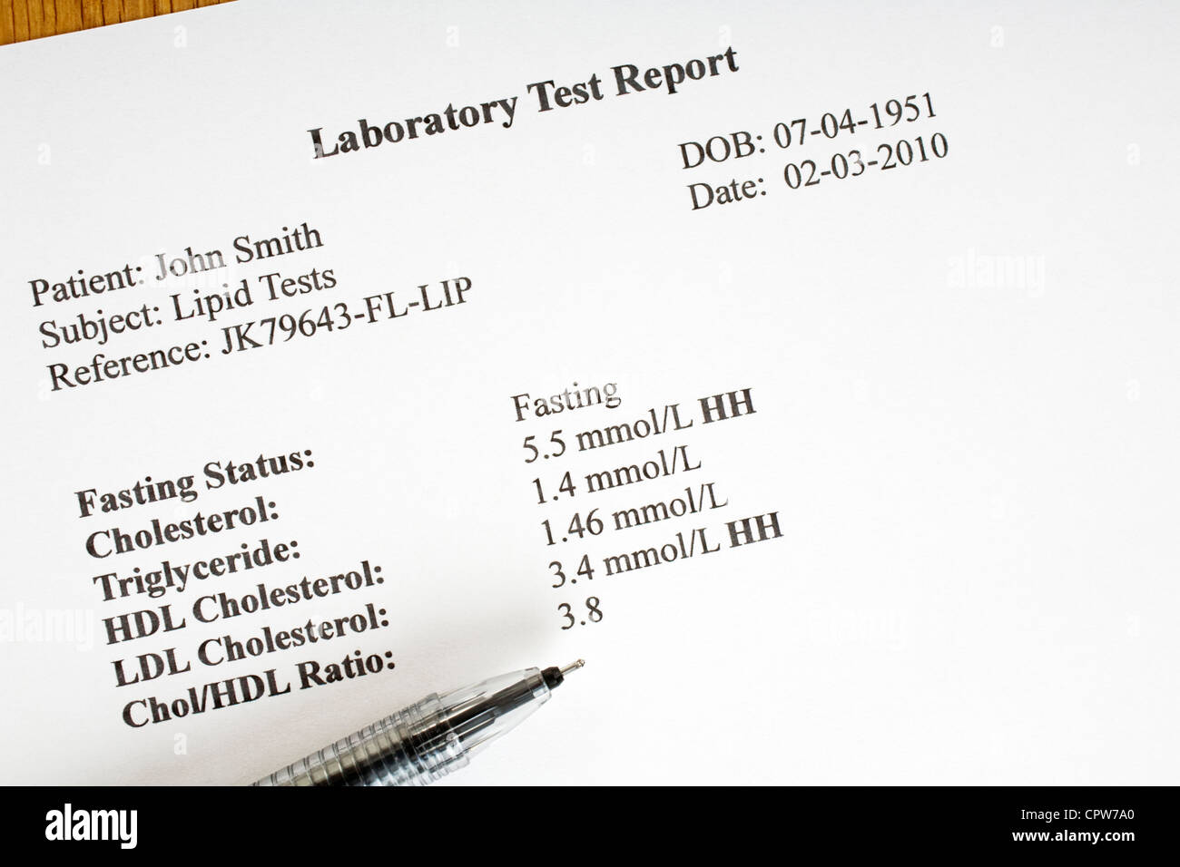 Laboratory report of cholesterol test.Names and reference numbers are fictitious. Stock Photo
