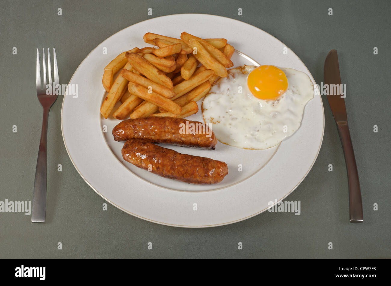 Cafe sausage egg and chips Stock Photo Alamy