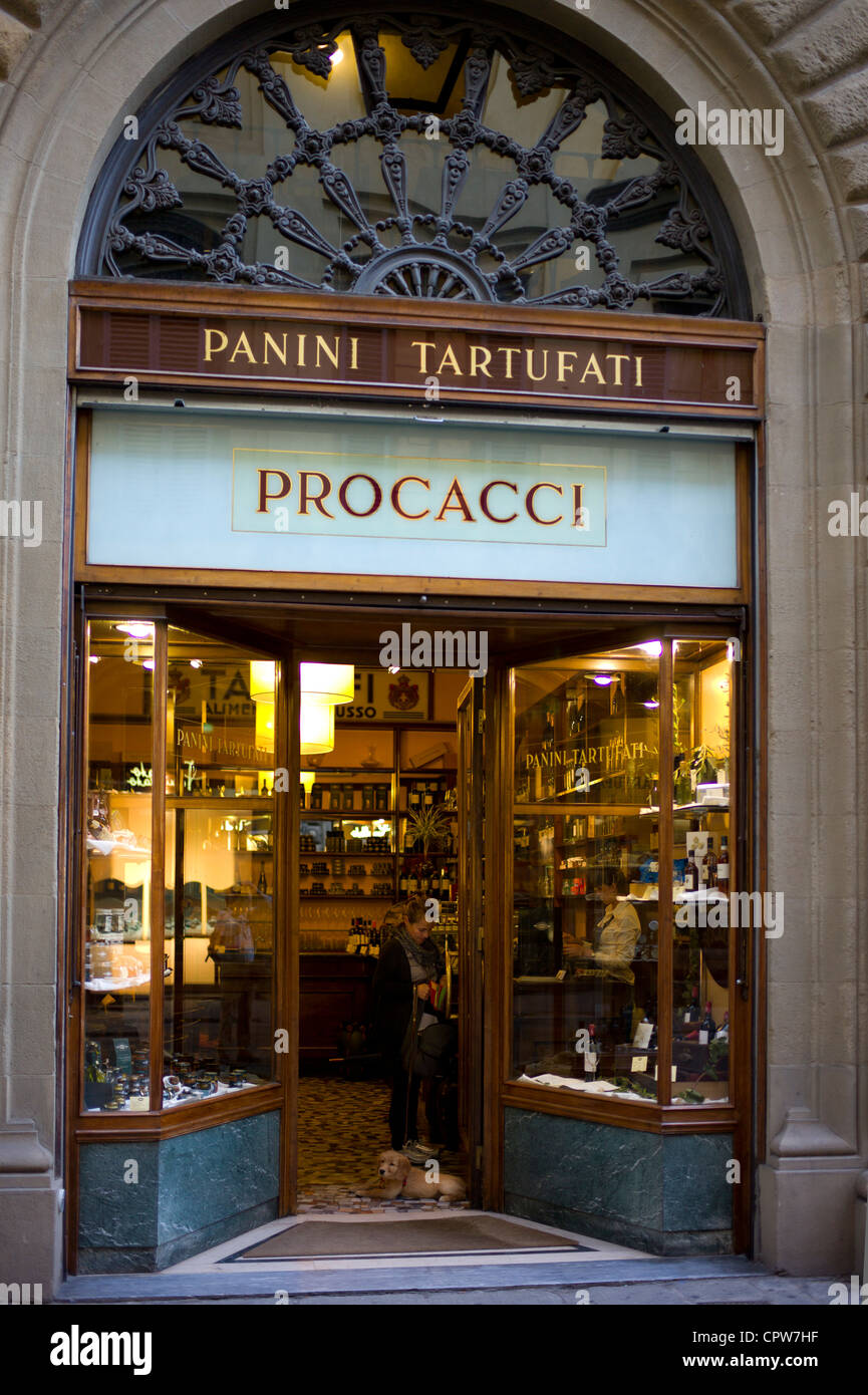 Window display of high class Procacci bar and coffee shop selling panini tartufati in Via Tornabuoni, in Florence Tuscany, Italy Stock Photo