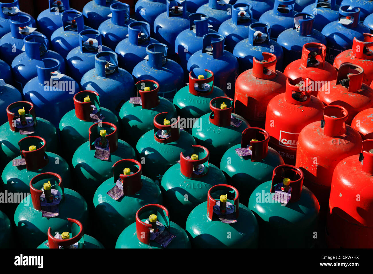 CALOR GAS BOTTLES IN A DEPOT IN TOWER HAMLETS LONDON ENGLAND,UK Stock Photo