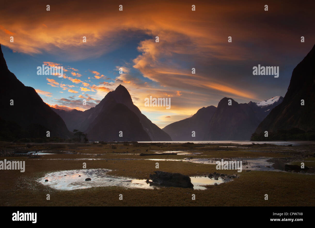 Sunset at Mitre Peak Milford Sound South Island New Zealand Stock Photo