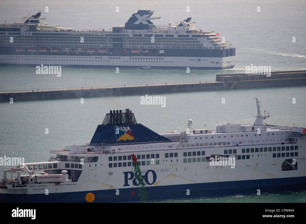 Departing and arriving shipping at the busy Port of Dover in southern England, UK Stock Photo