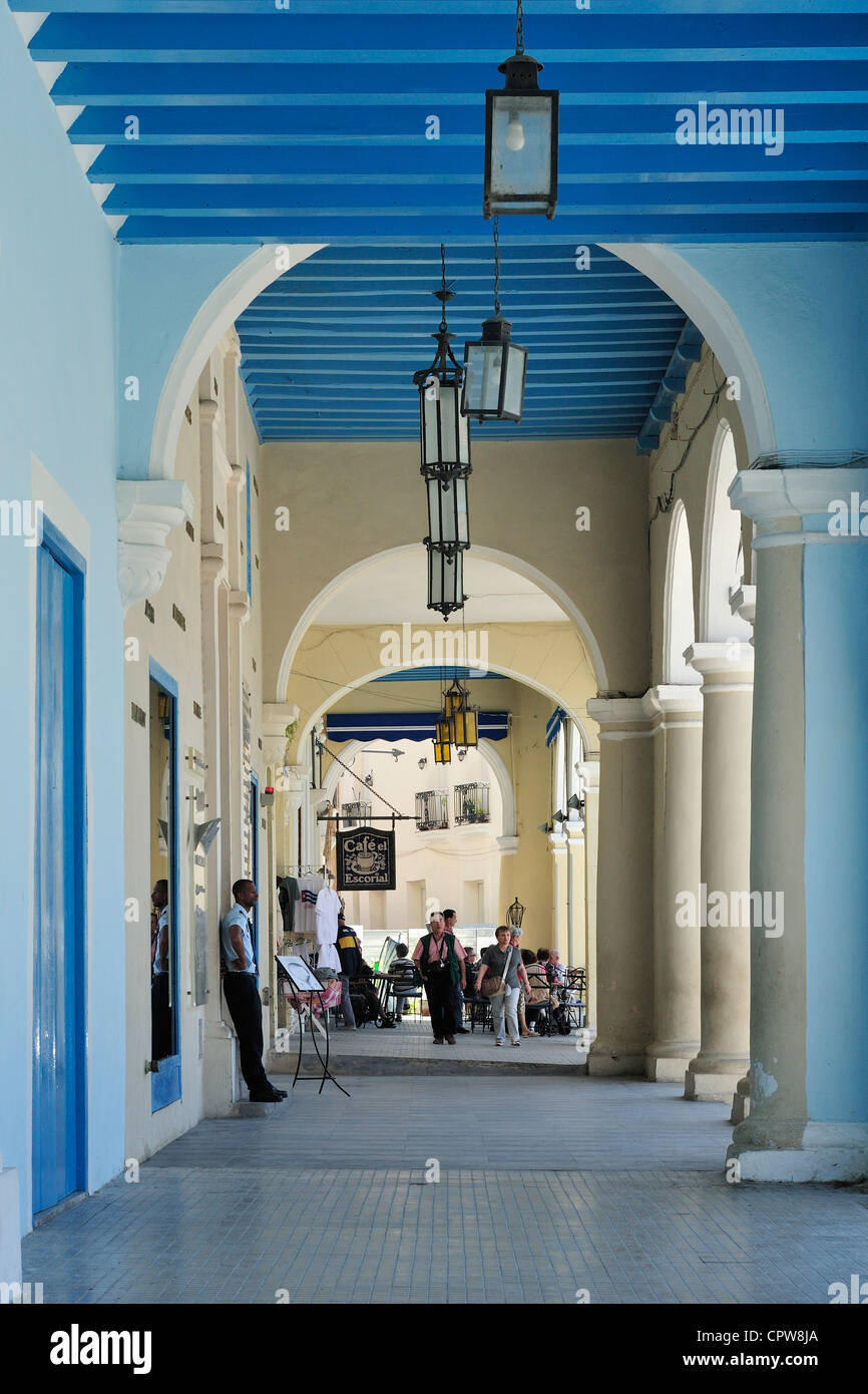 Havana. Cuba. Portico, Plaza Vieja. Stock Photo