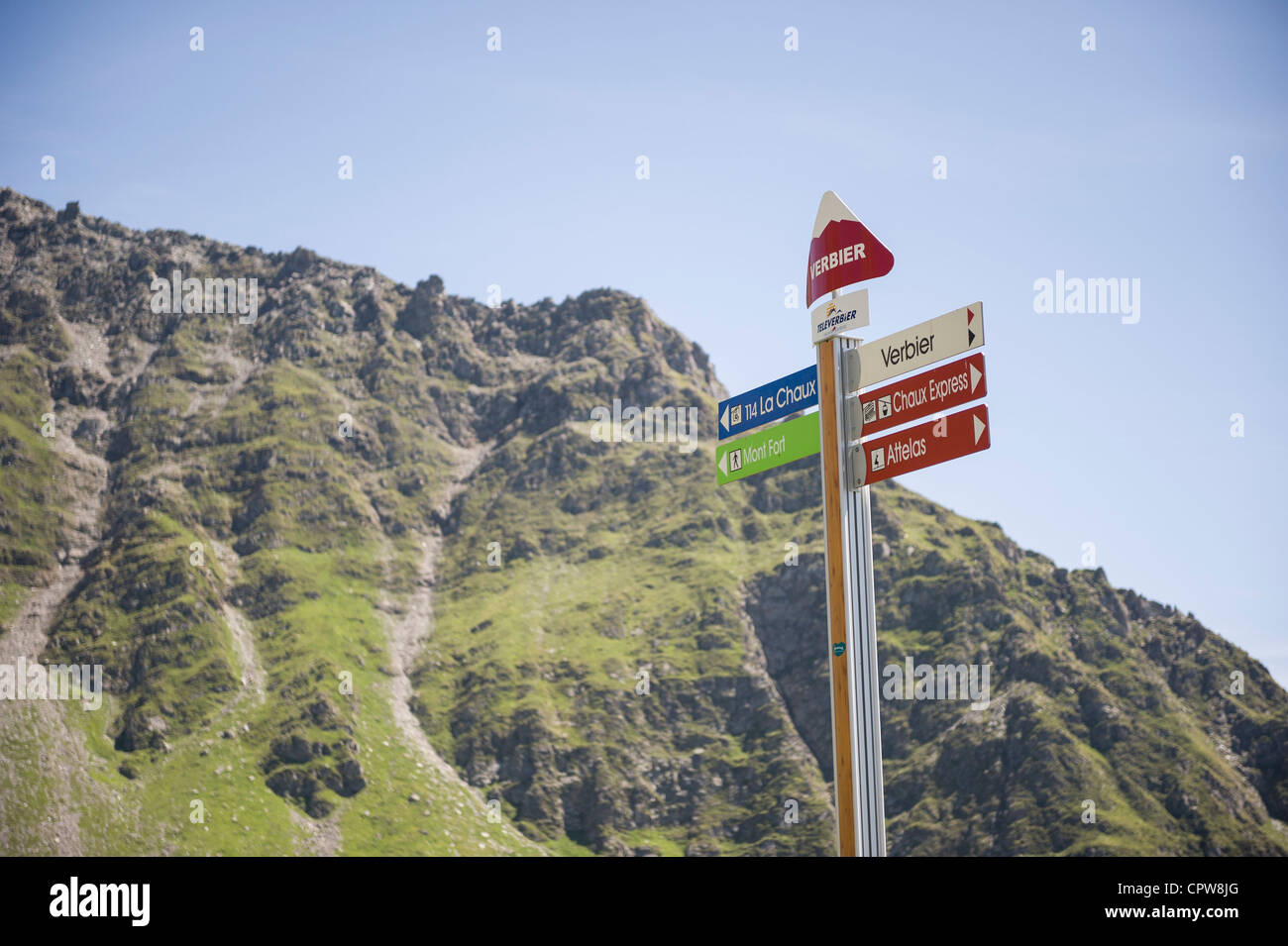 Signpost high above Verbier, Swiss mountains, Switzerland Stock Photo