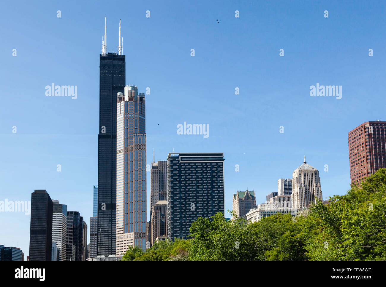 Skyline of Chicago from the river with Willis tower in distance Stock Photo