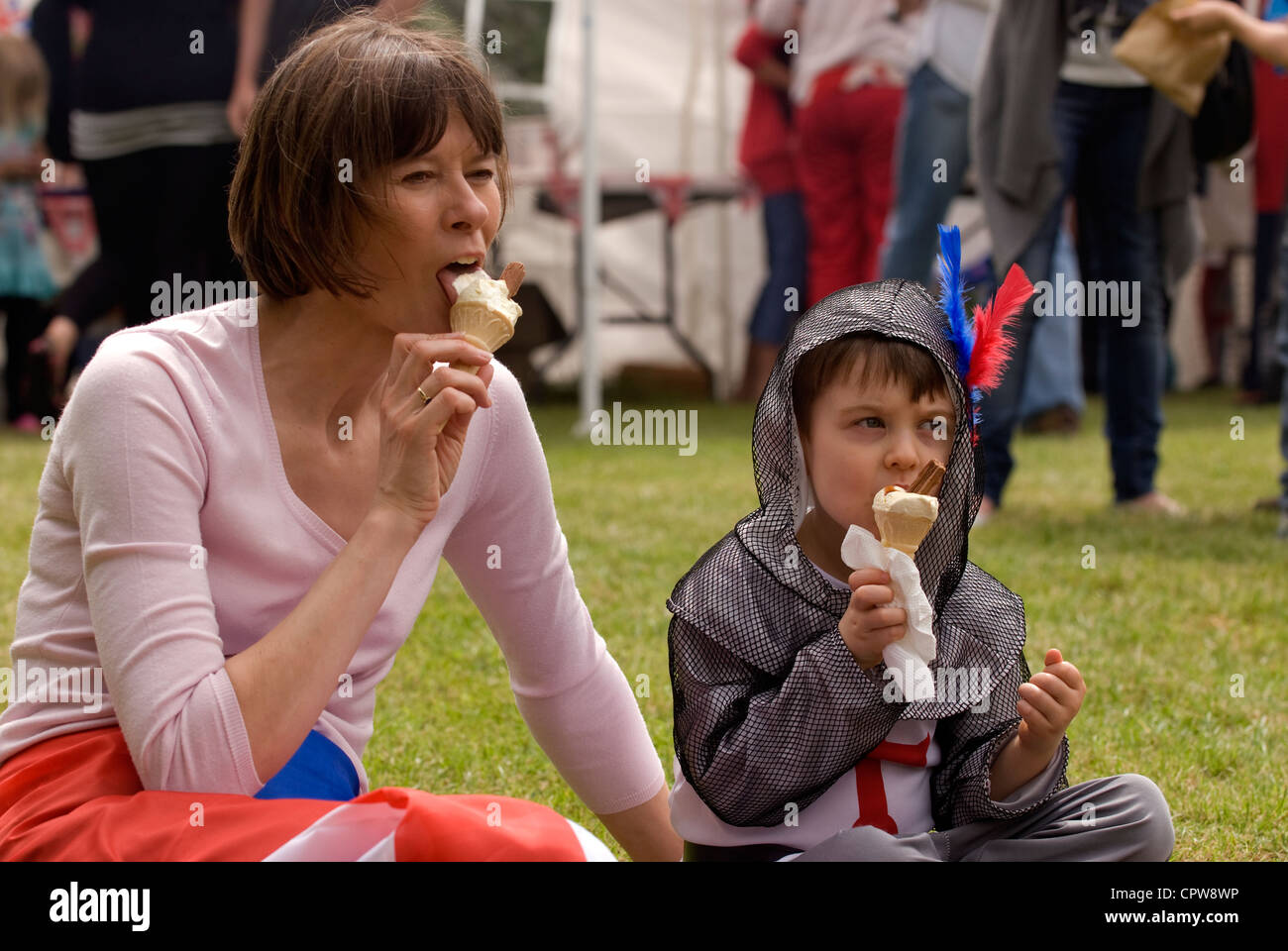 Mother Son Enjoying An Ice Cream Cone At Dockenfield Fete