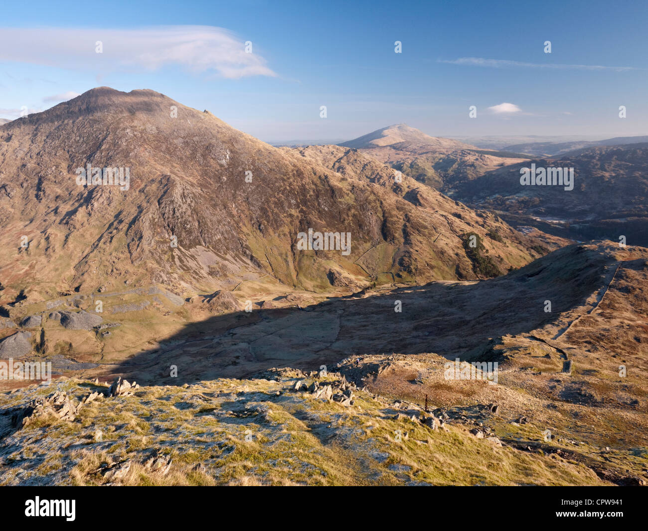 Y Lliwedd and a distant Moel Siabod viewed across Cwm Llan from Yr Aran, on the southern slopes of Snowdon Stock Photo