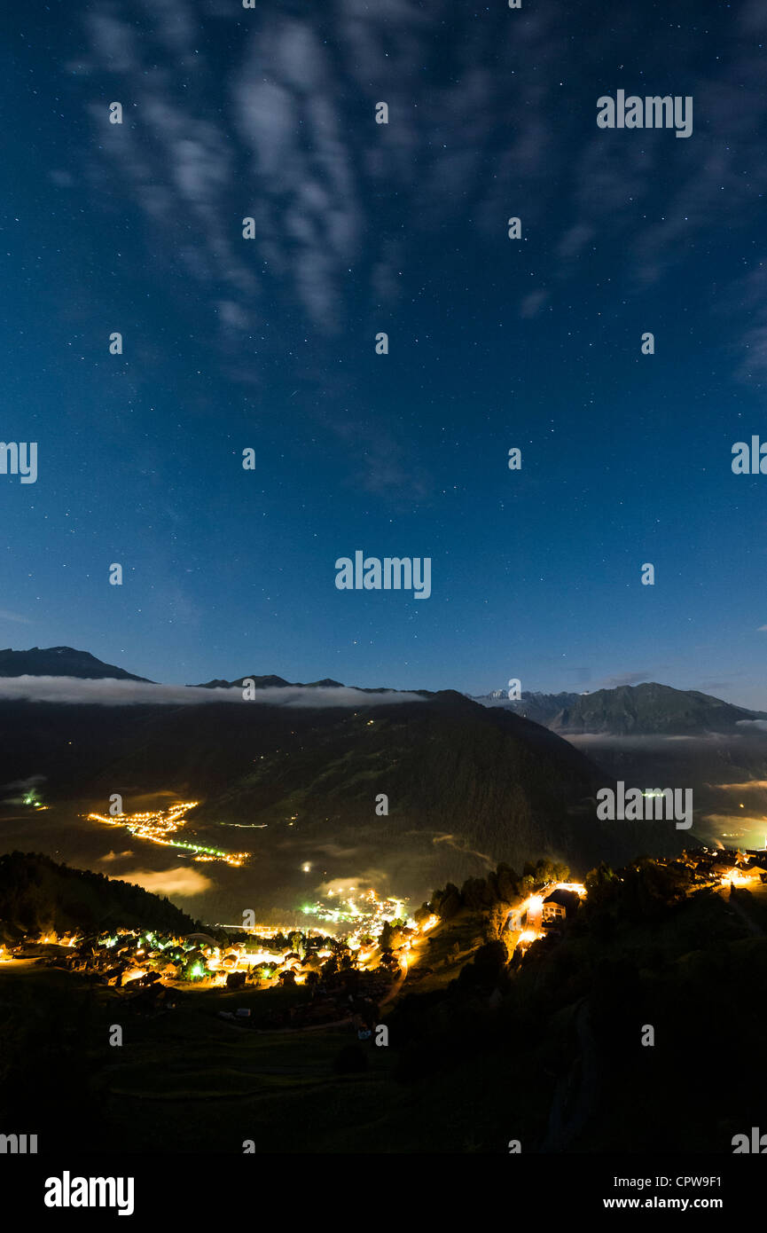 Night time stary view of Chable from Verbier, Swiss mountains, Switzerland Stock Photo