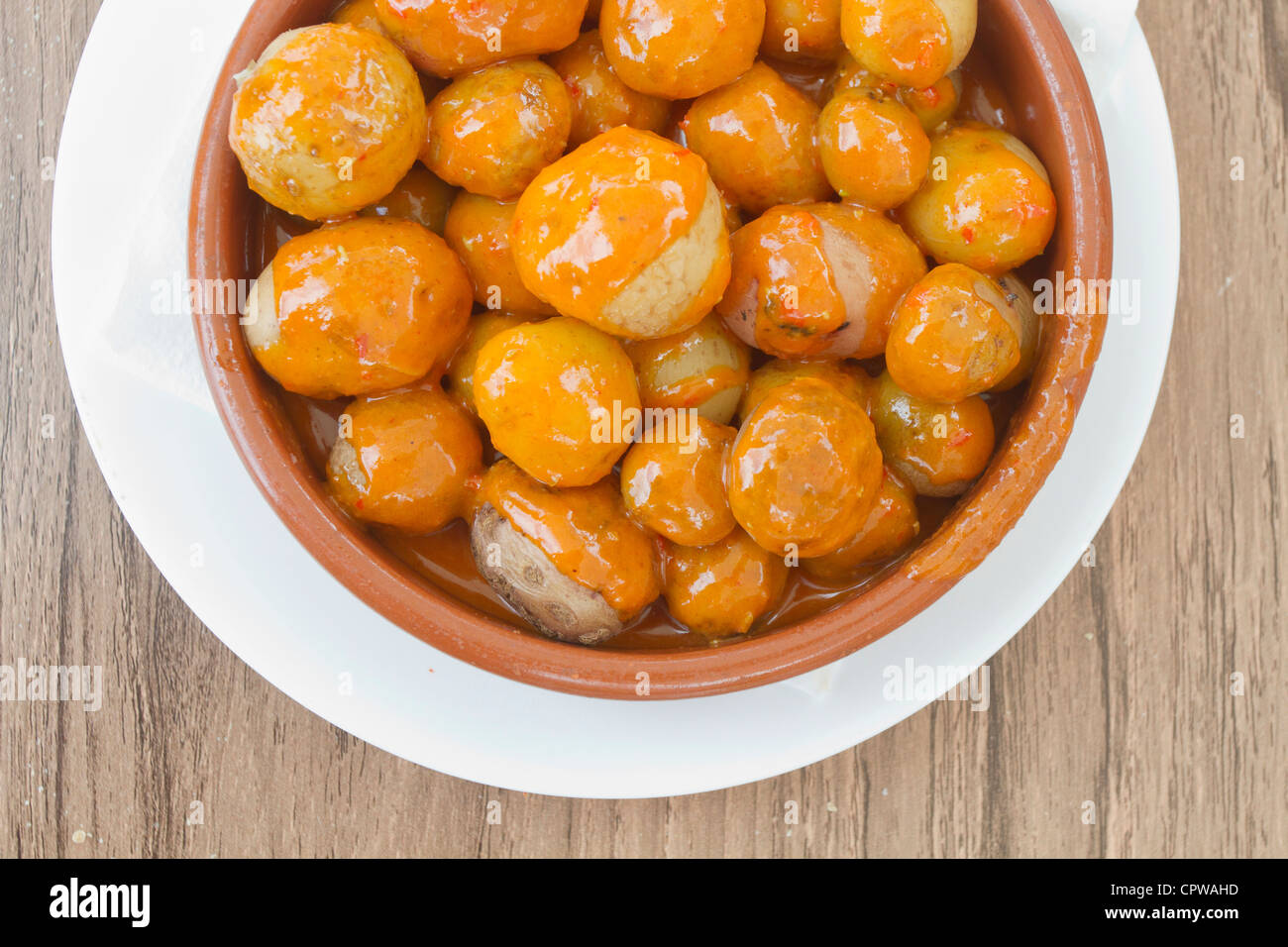 Typical Canarian dish of boiled potatoes and spicy sauce Stock Photo