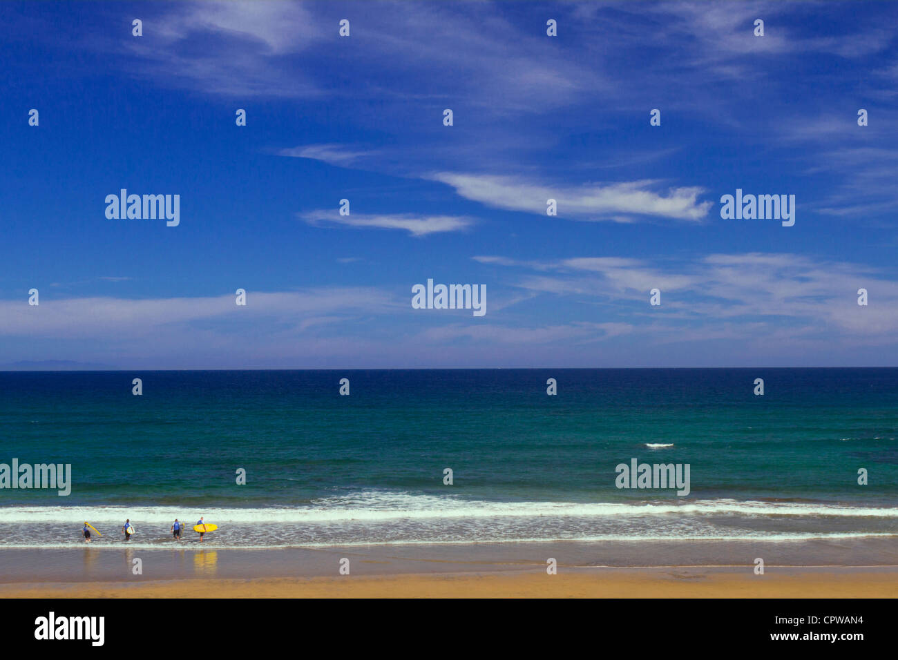 Four surfers heading out on Las Canteras Beach in Las Palmas, Gran Canaria Stock Photo