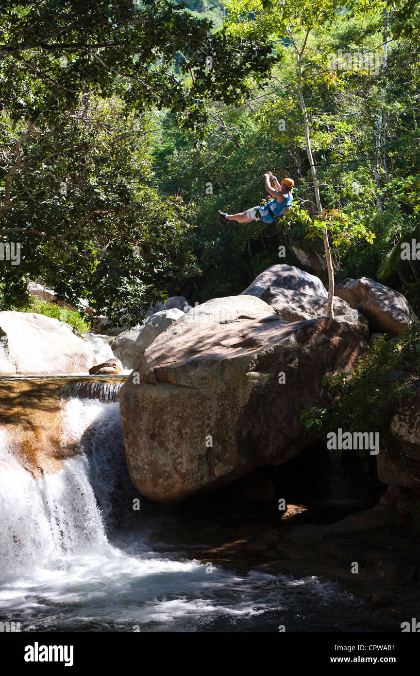 Mexico, Puerto Vallarta. Zip lining at Eden Eco Park Puerto Vallarta, Mexico. Stock Photo