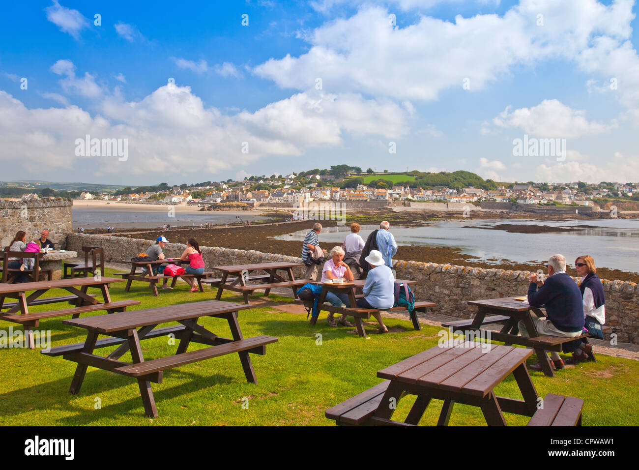 The tea room cafe at St Michael's Mount in Mount's Bay with Marazion beyond in Cornwall, England, UK Stock Photo